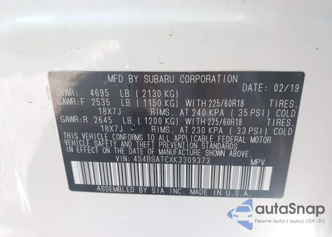 2019 Subaru Outback 2.5I Touring из США, поврежденный, VIN 4S4BSATCXK3309373